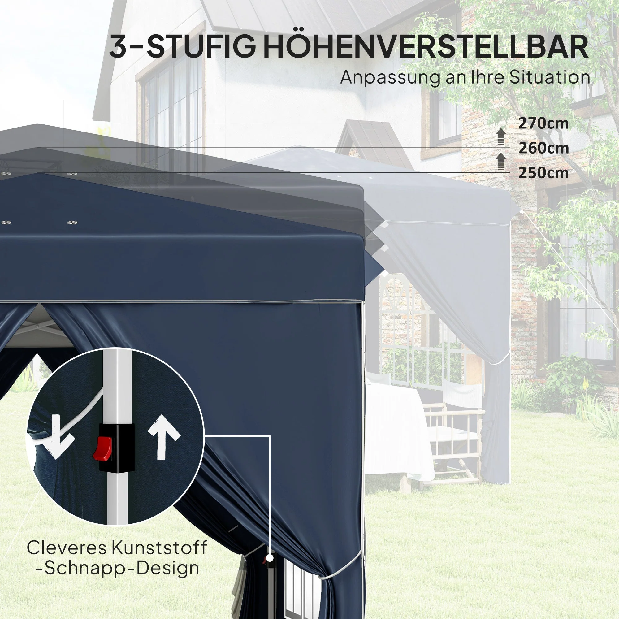 Pavilion Pop-up Folding 2.5x2.5m Water-Repellent UV 50+ with 4 Side Panels, Dark Blue - Image 5