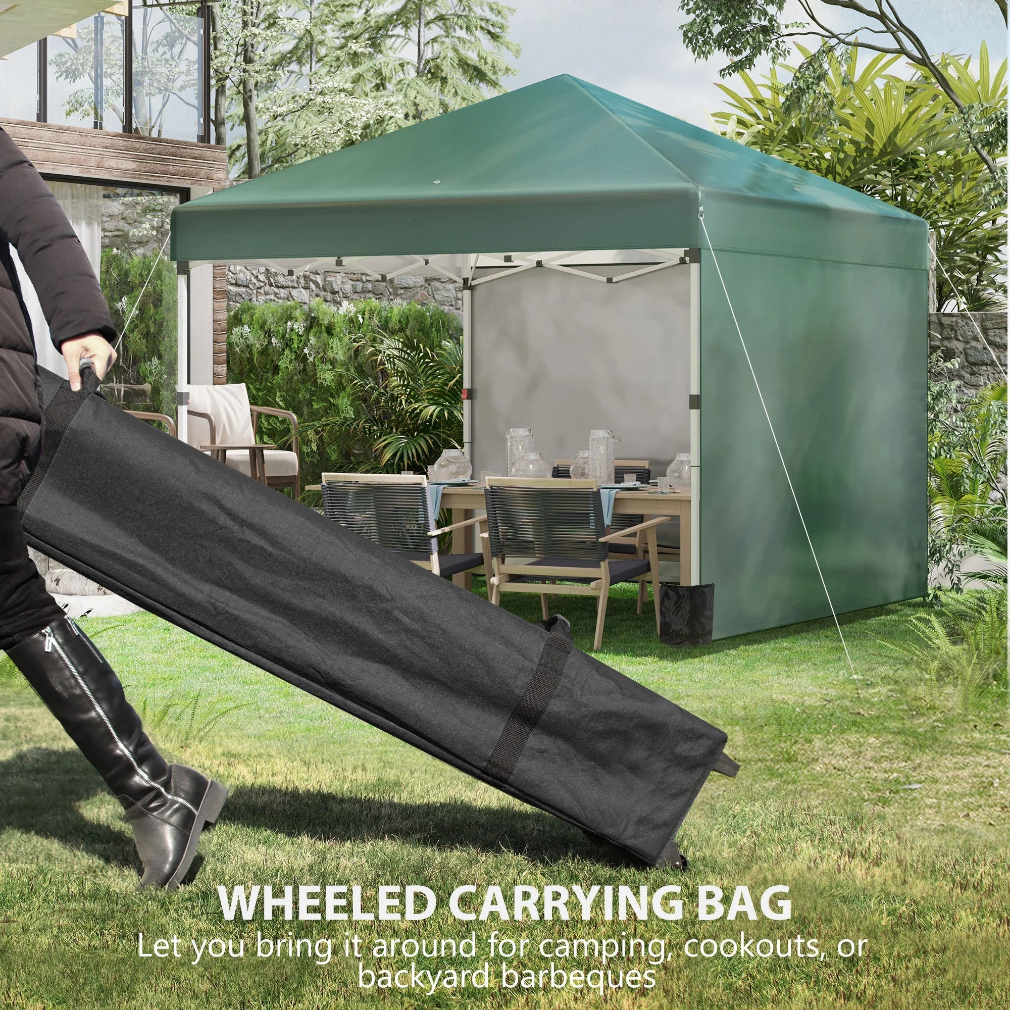 Pavilion Pop-Up Folding 3x3m Water-Repellent UV30+ with 2 Side Panels, Green - Image 7