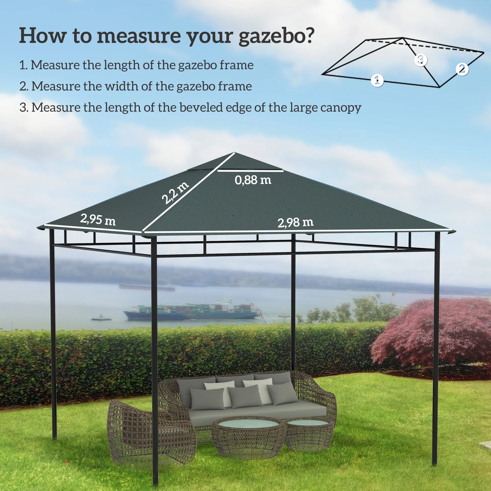 Pavilion Roof Replacement 3x3m Sunshade Polyester Dark Grey - Image 3
