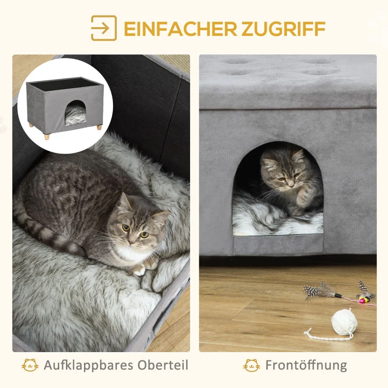 PawHut 2-in-1 Cat Cave Footstool with Cushion, Cat House, Cat Basket, Plush Grey - Image 5
