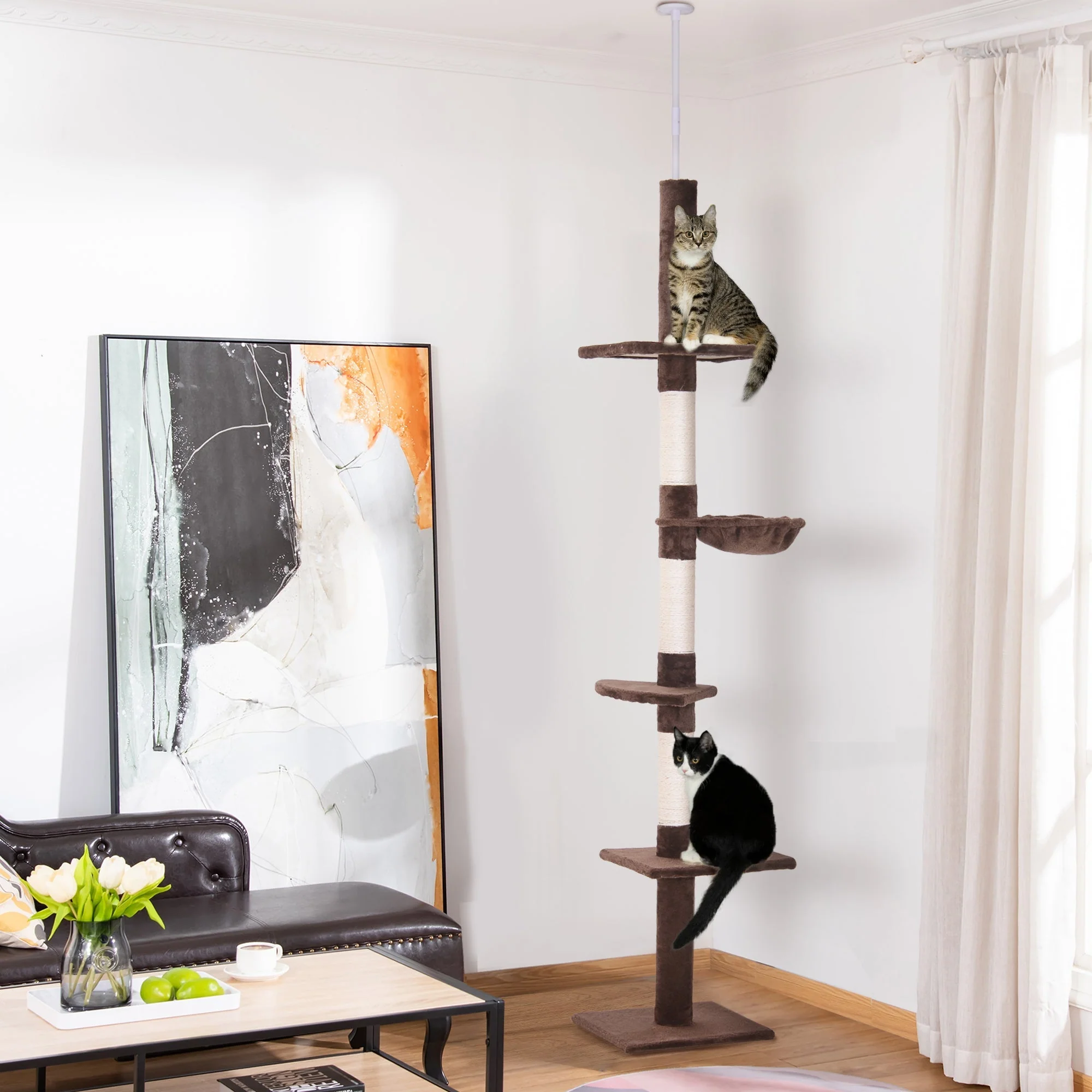 PawHut Cat Tree, Ceiling Height Adjustable, Sturdy with Sisal Posts, Brown - Image 2