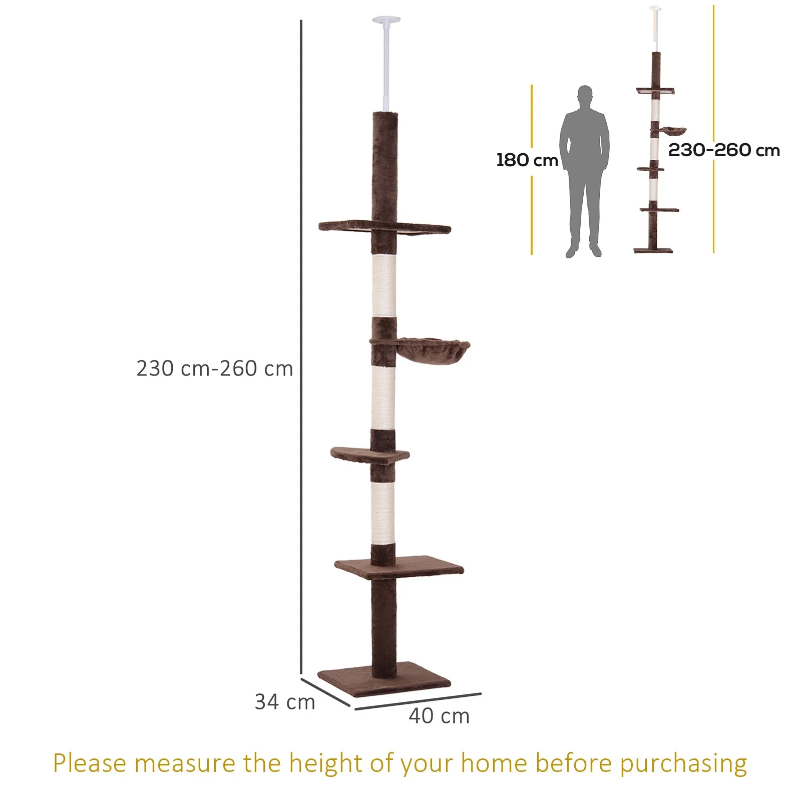 PawHut Cat Tree, Ceiling Height Adjustable, Sturdy with Sisal Posts, Brown - Image 3