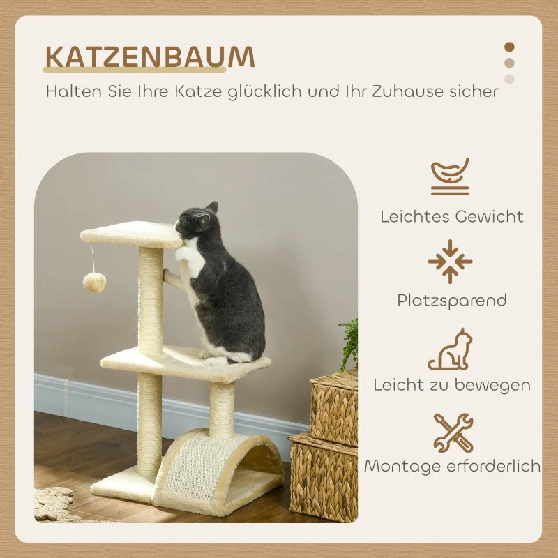 PawHut Cat Tree Multi-Level, Plush Balls, Sisal Posts, Cream White - Image 3
