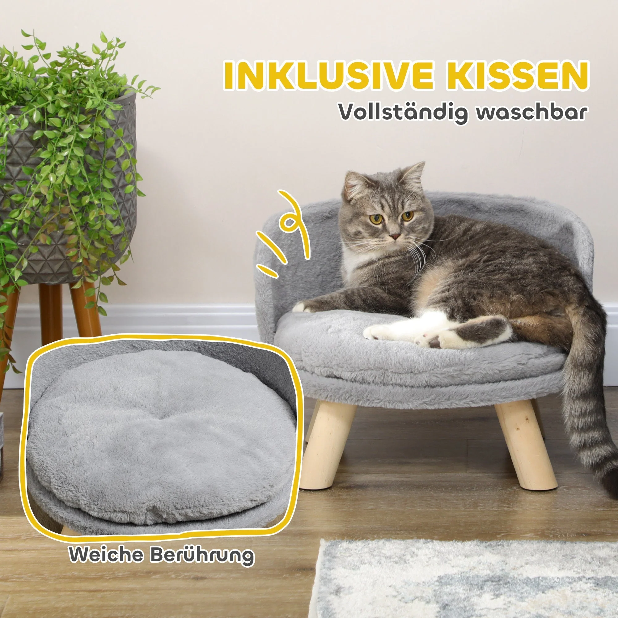PawHut Dog Bed Cat Bed Sofa with Non-Slip Wooden Feet and Cushion, Grey - Image 5