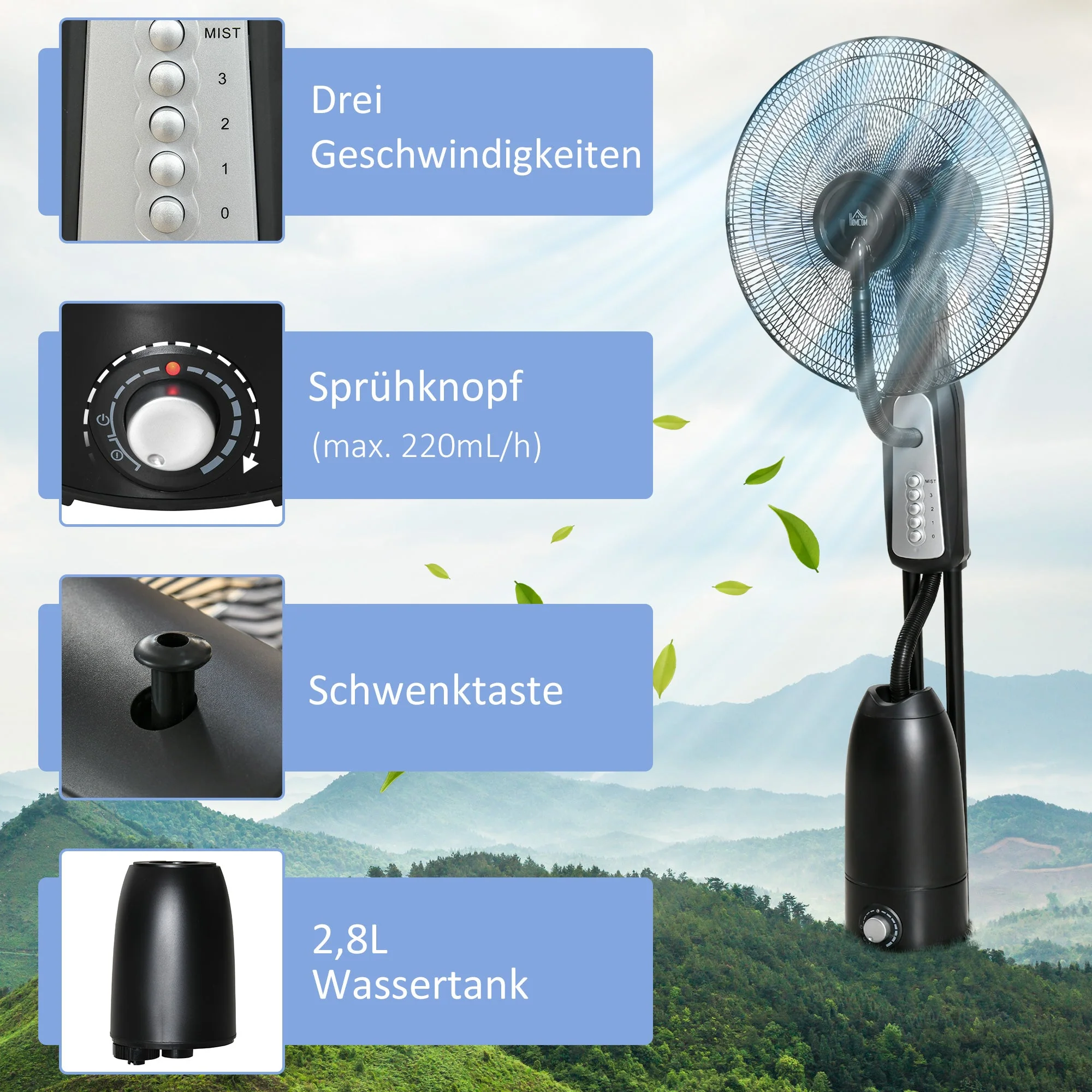 Pedestal Fan 2.8L Water Atomizer Mist Function 120cm Height, Metal - Image 5