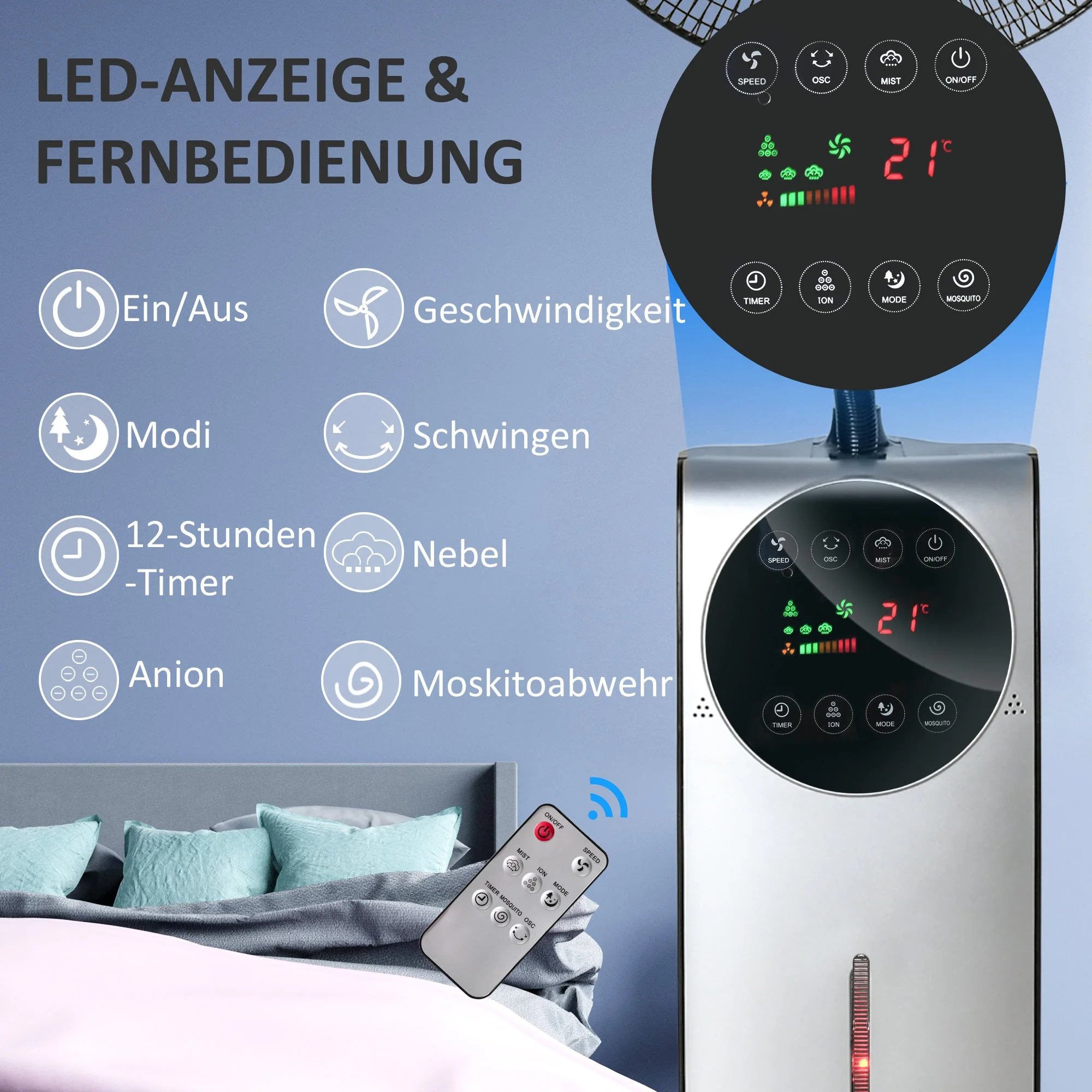 Pedestal Fan with Misting Function, 90W 3 Air Modes, Remote Control, Black - Image 5