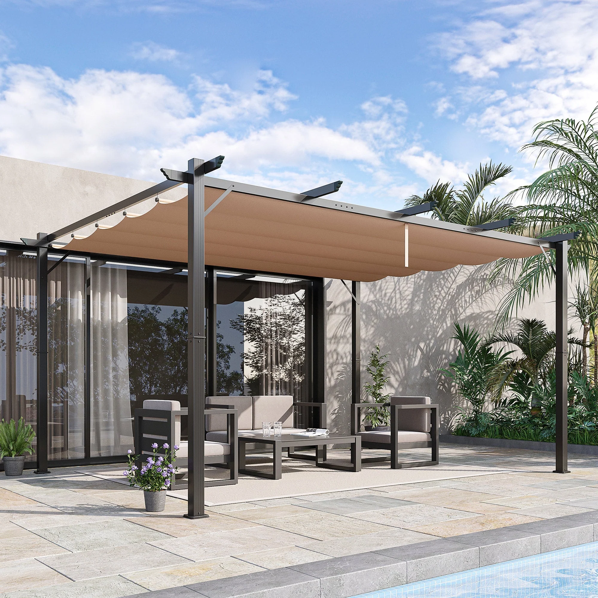 Pergola Pavilion 3x4m Adjustable Fabric Roof Sunshade Canopy Aluminum Grey/Brown