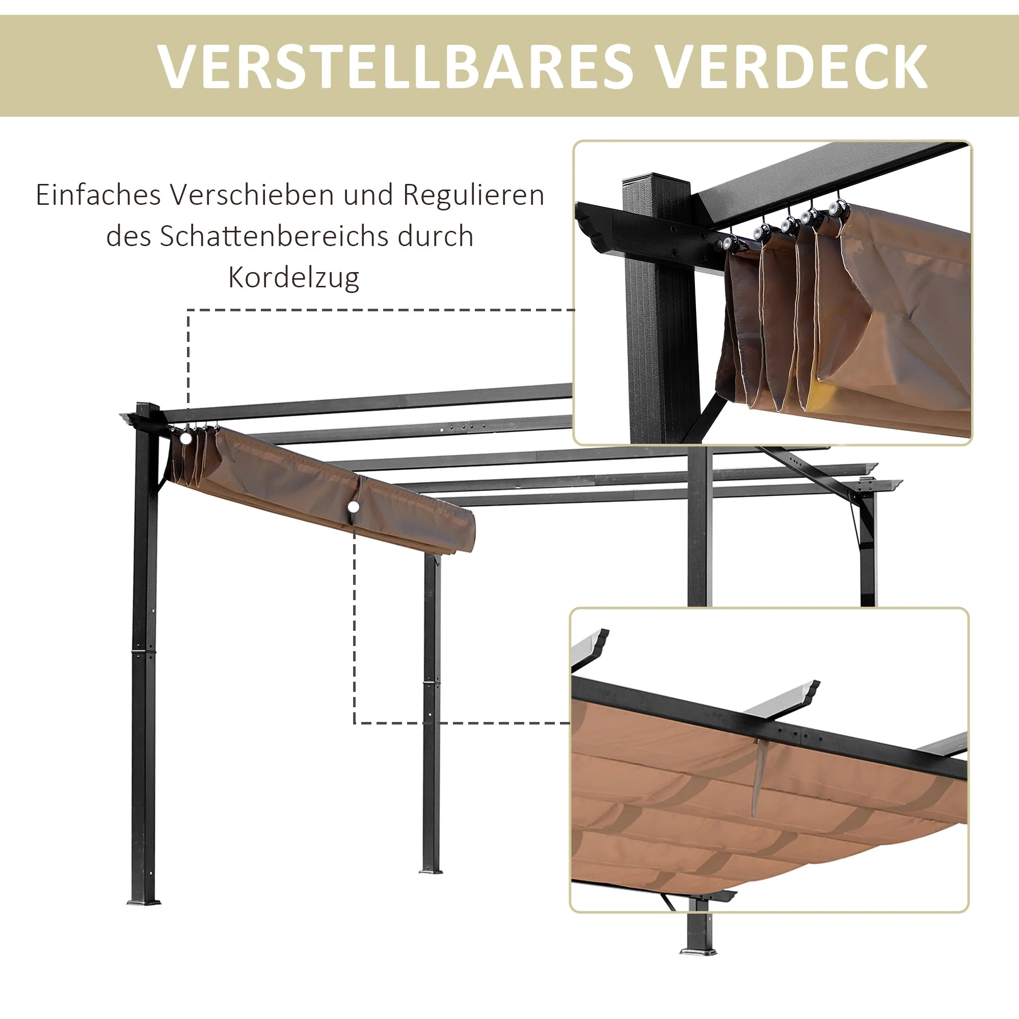 Pergola Pavilion 3x4m Adjustable Fabric Roof Sunshade Canopy Aluminum Grey/Brown - Image 4