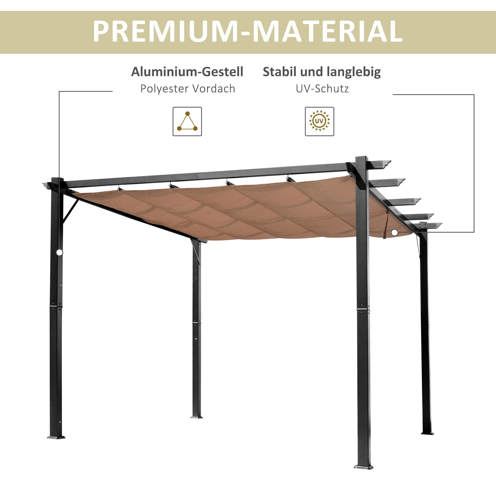 Pergola Pavilion 3x4m Adjustable Fabric Roof Sunshade Canopy Aluminum Grey/Brown - Image 5