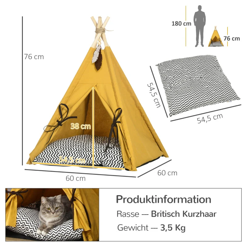 Pet Bed, Teepee Design with Soft Cushion & Floor Mat, for Dogs and Cats, Fabric - Image 3