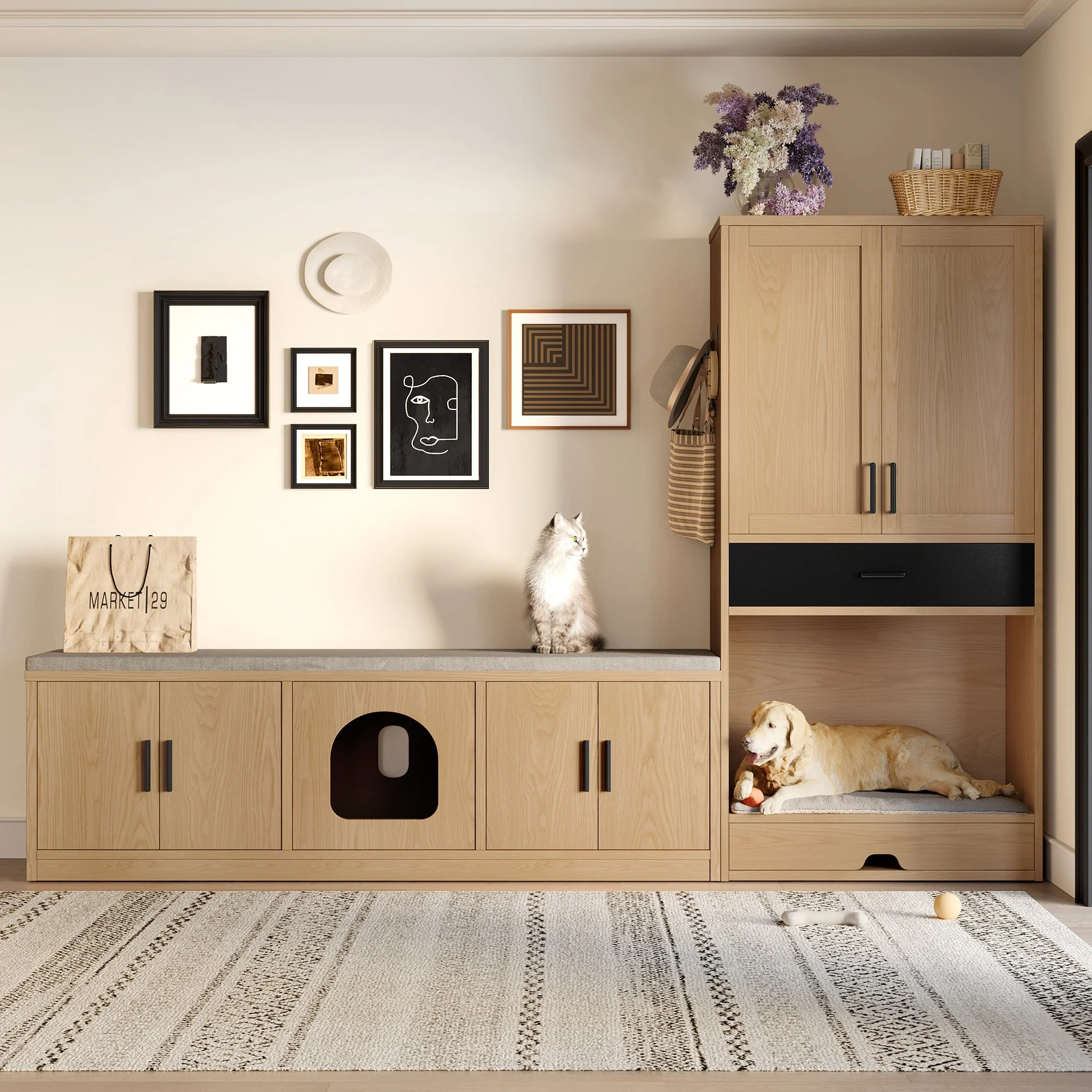 Pet Cabinet, Multifunctional with Feeding Station, Dog Bed, Storage, Hooks, Oak Look - Image 2