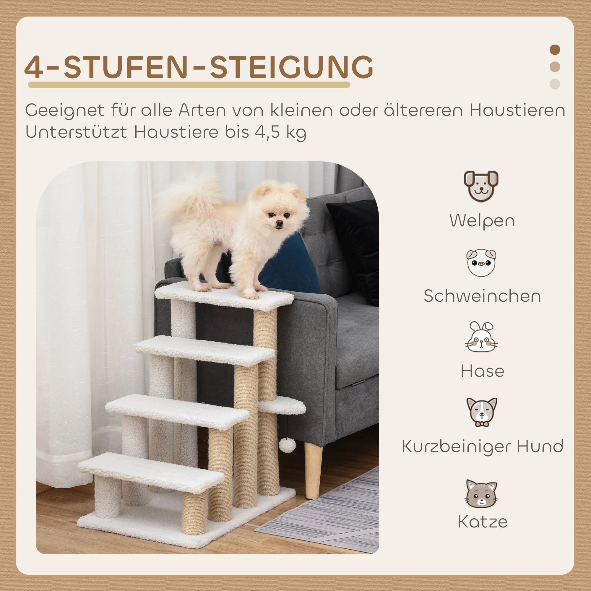 Pet Stairs, 4-Step with Scratching Post, Chipboard Plush Jute, White - Image 4