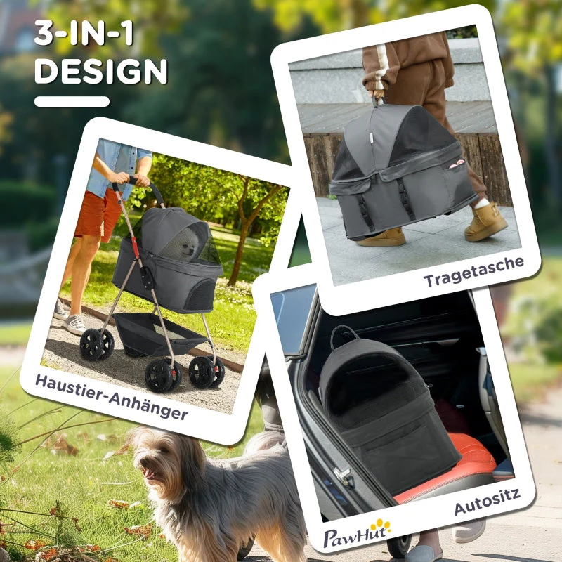 Pet Stroller 3-in-1 Folding with 4 Wheels, Removable Carrier, Grey - Image 3