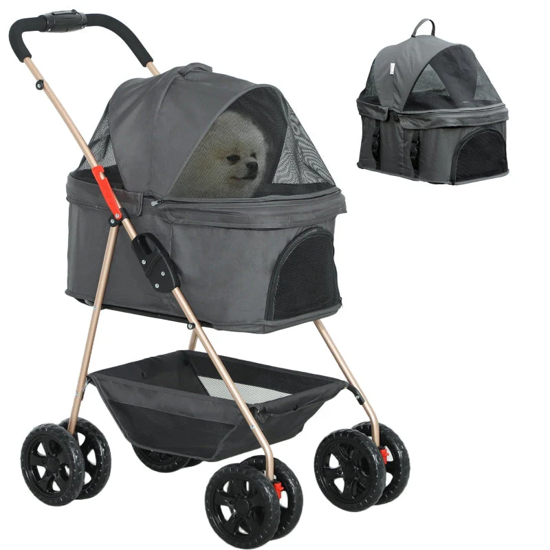 Pet Stroller 3-in-1 Folding with 4 Wheels, Removable Carrier, Grey - Image 7