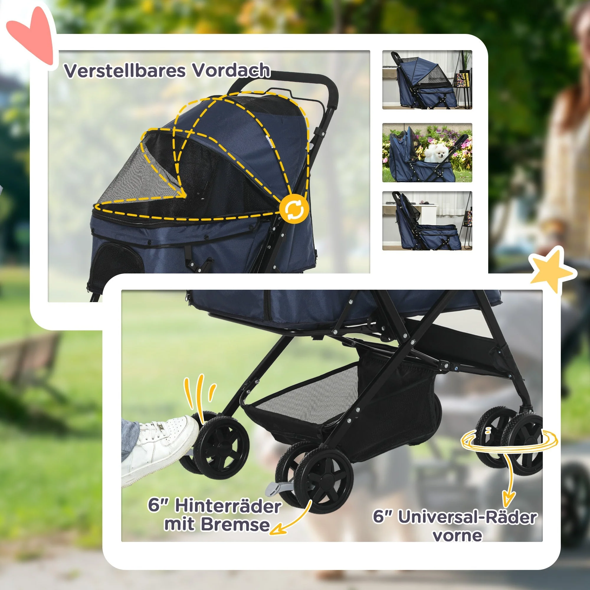 Pet Stroller Cat Buggy, Foldable Lightweight, Oxford Blue - Image 6