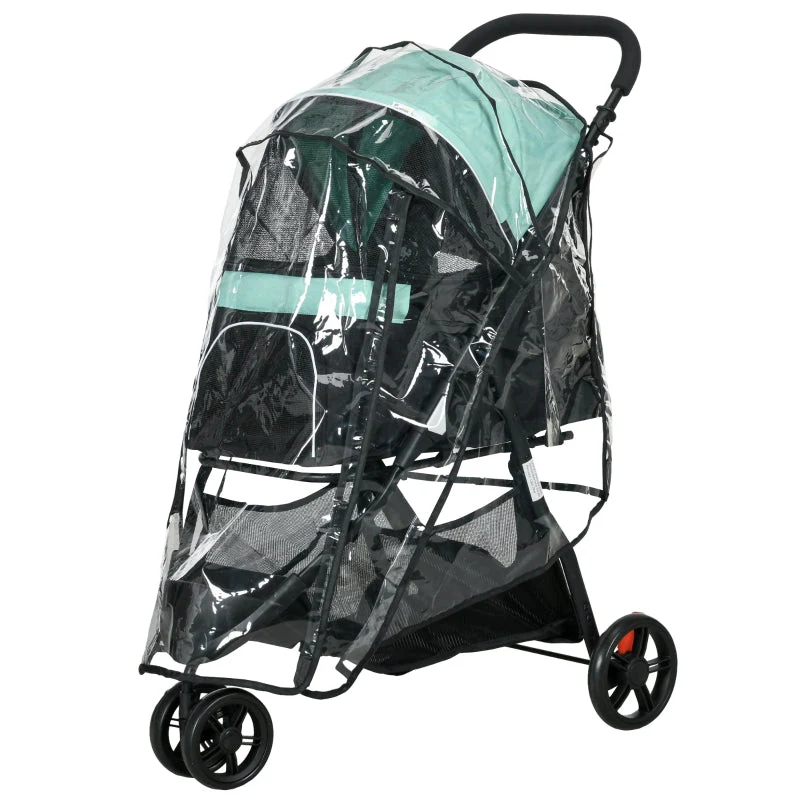 Pet Stroller, Foldable with Rain Cover & 2 Cup Holders, Blue + Green - Image 2
