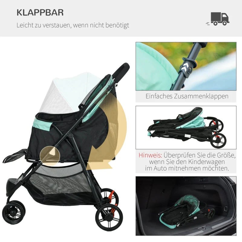 Pet Stroller, Foldable with Rain Cover & 2 Cup Holders, Blue + Green - Image 5