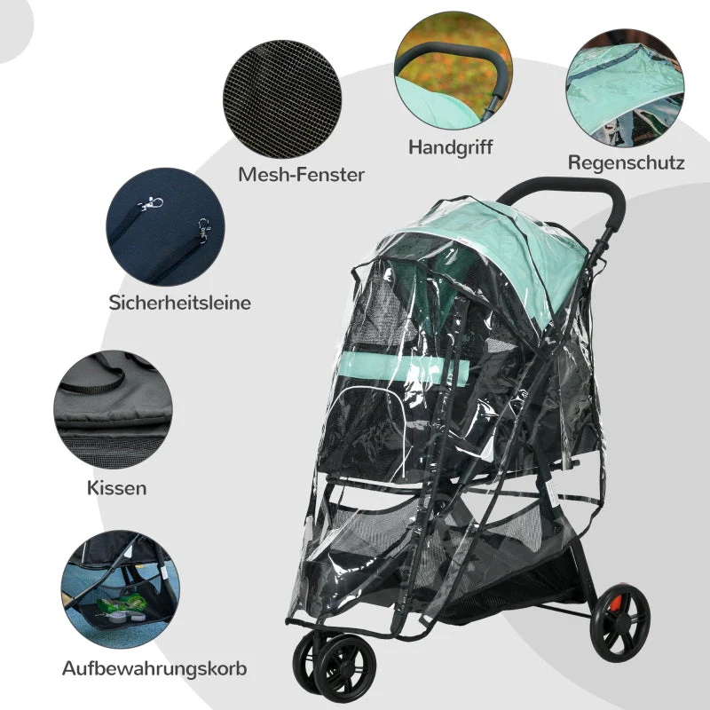 Pet Stroller, Foldable with Rain Cover & 2 Cup Holders, Blue + Green - Image 7