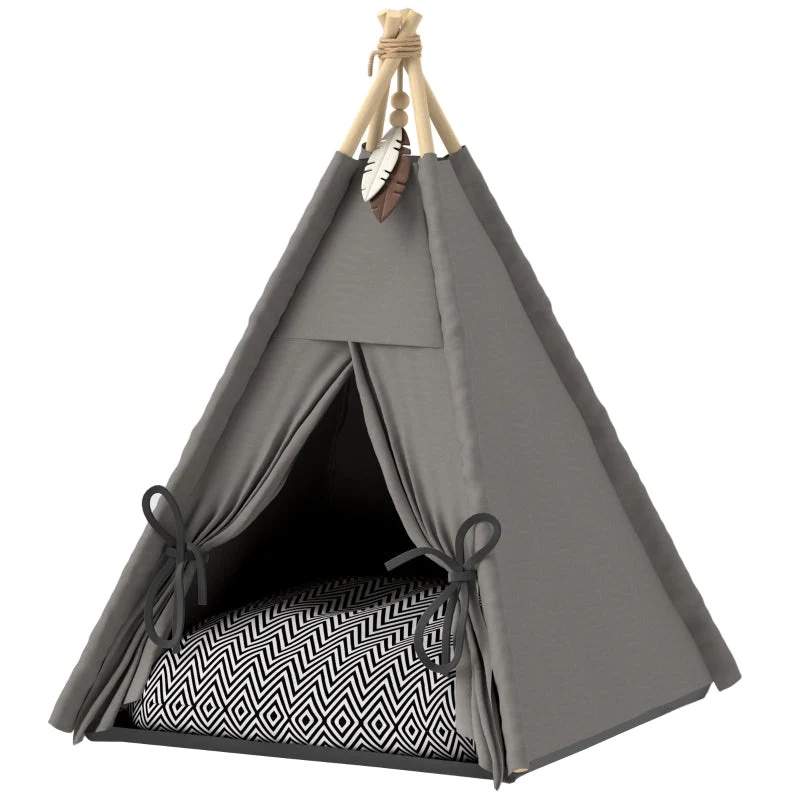 Pet Teepee Tent, Removable Washable Cushion Non-Slip, Grey - Image 2