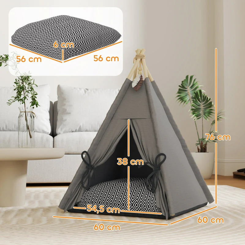 Pet Teepee Tent, Removable Washable Cushion Non-Slip, Grey - Image 3