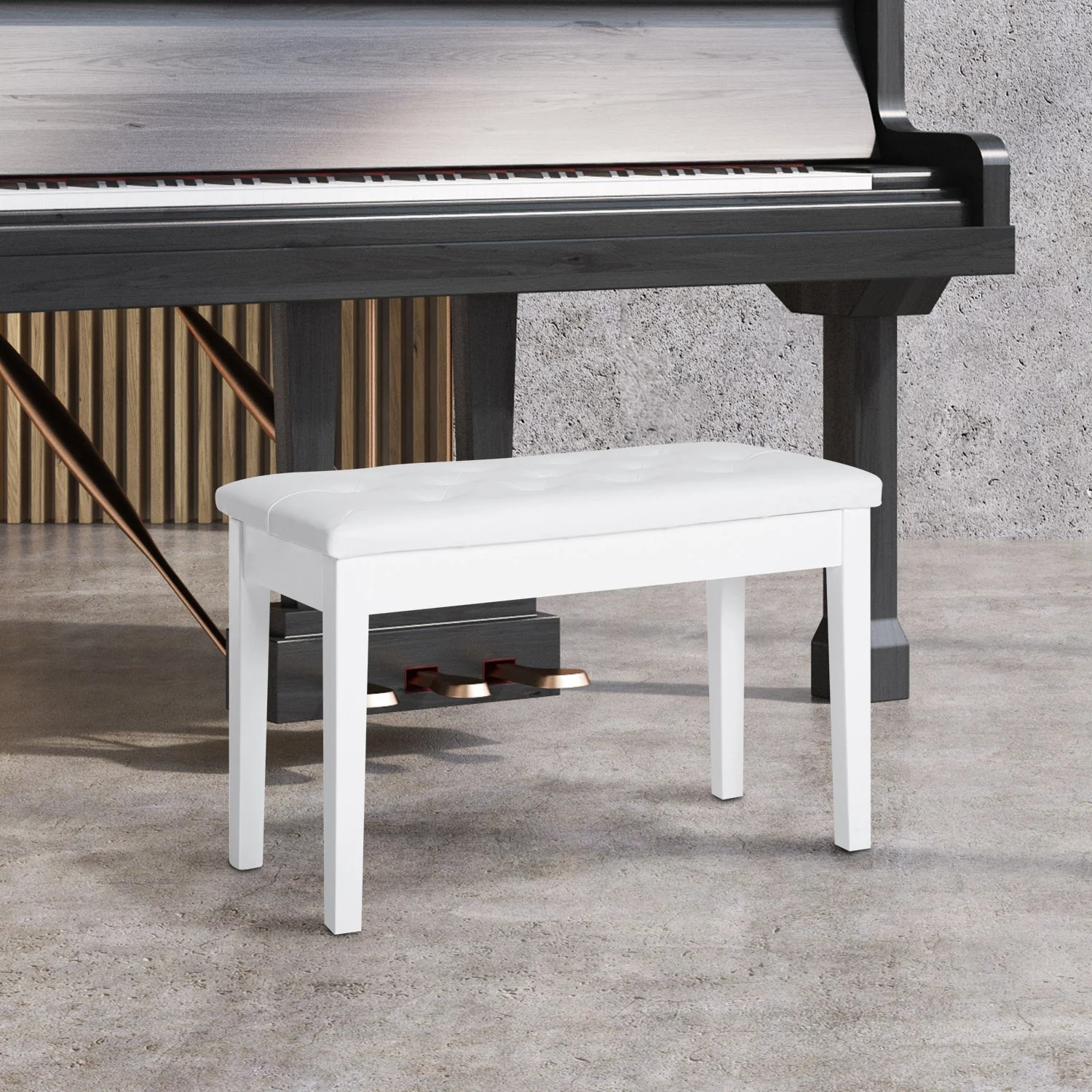 Piano Stool Bench with Storage Space, Rubber Wood & Faux Leather, White