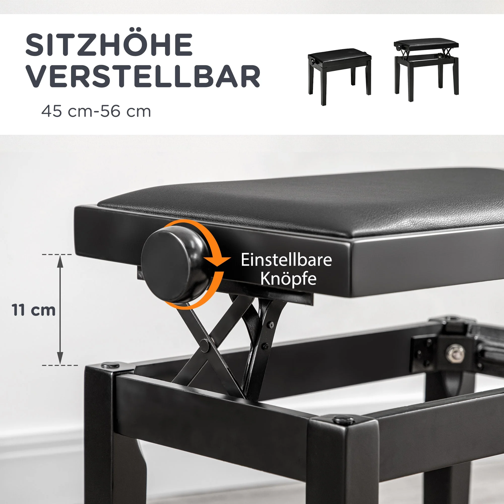 Piano Stool Height-Adjustable, Faux Leather, Black - Image 4