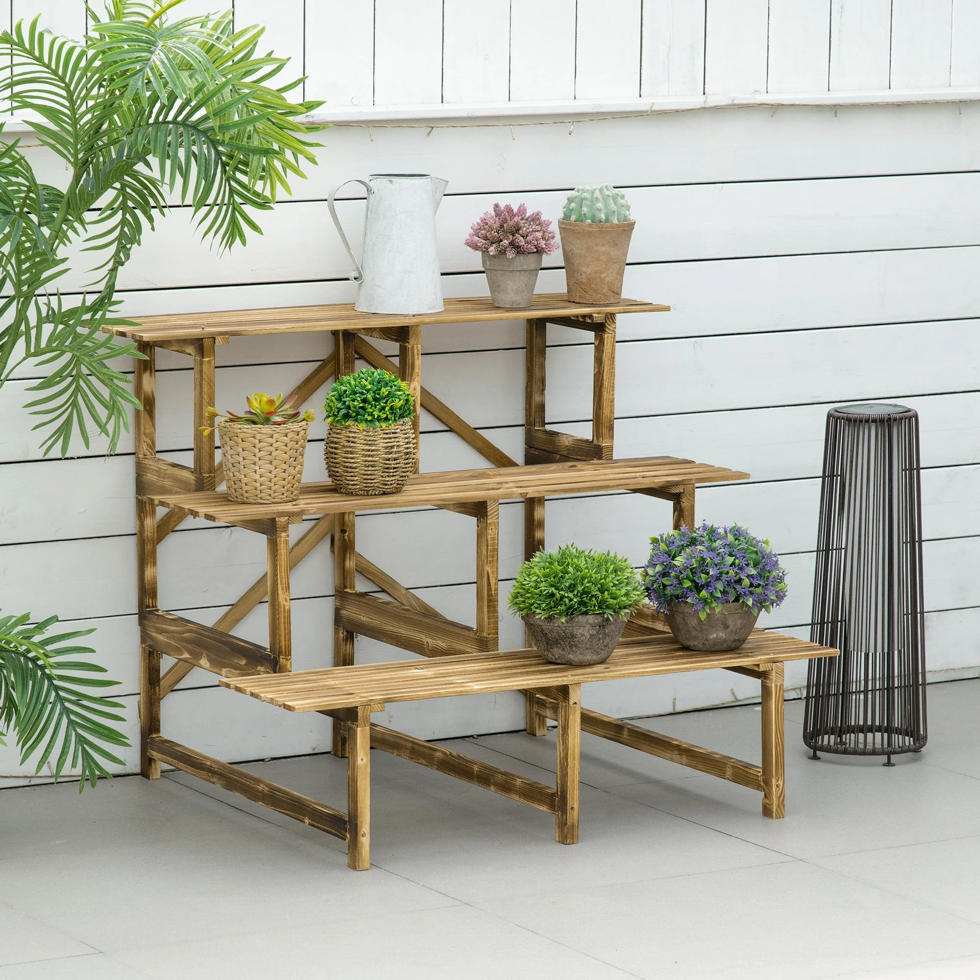 Plant Ladder Flower Shelf, 3 Steps, 100 x 80 x 78cm, Fir Wood - Image 2