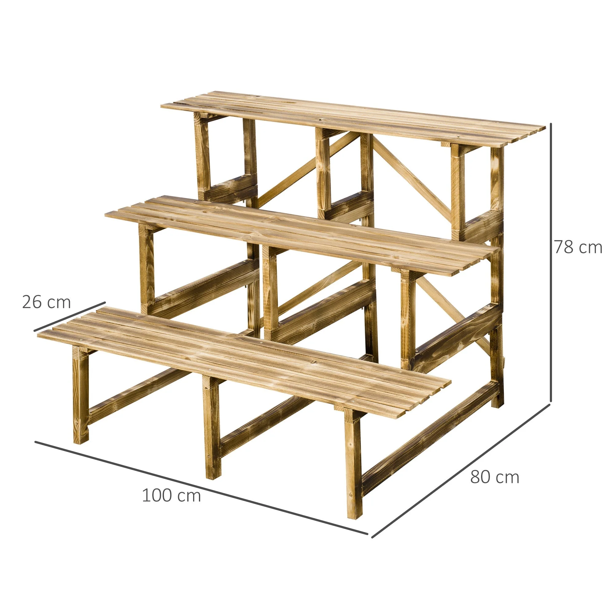 Plant Ladder Flower Shelf, 3 Steps, 100 x 80 x 78cm, Fir Wood - Image 3