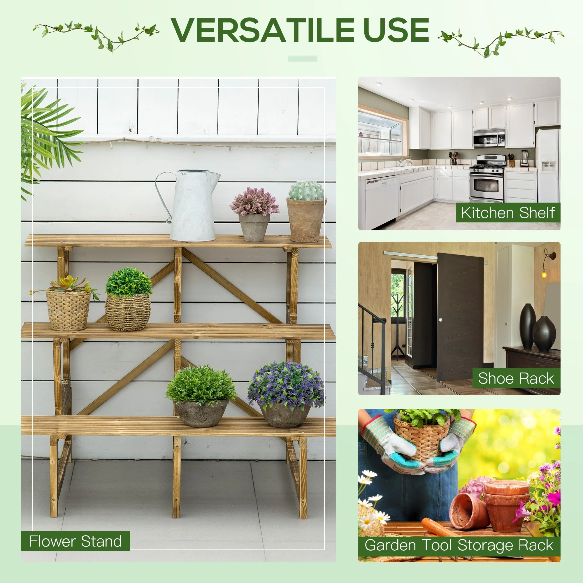 Plant Ladder Flower Shelf, 3 Steps, 100 x 80 x 78cm, Fir Wood - Image 4