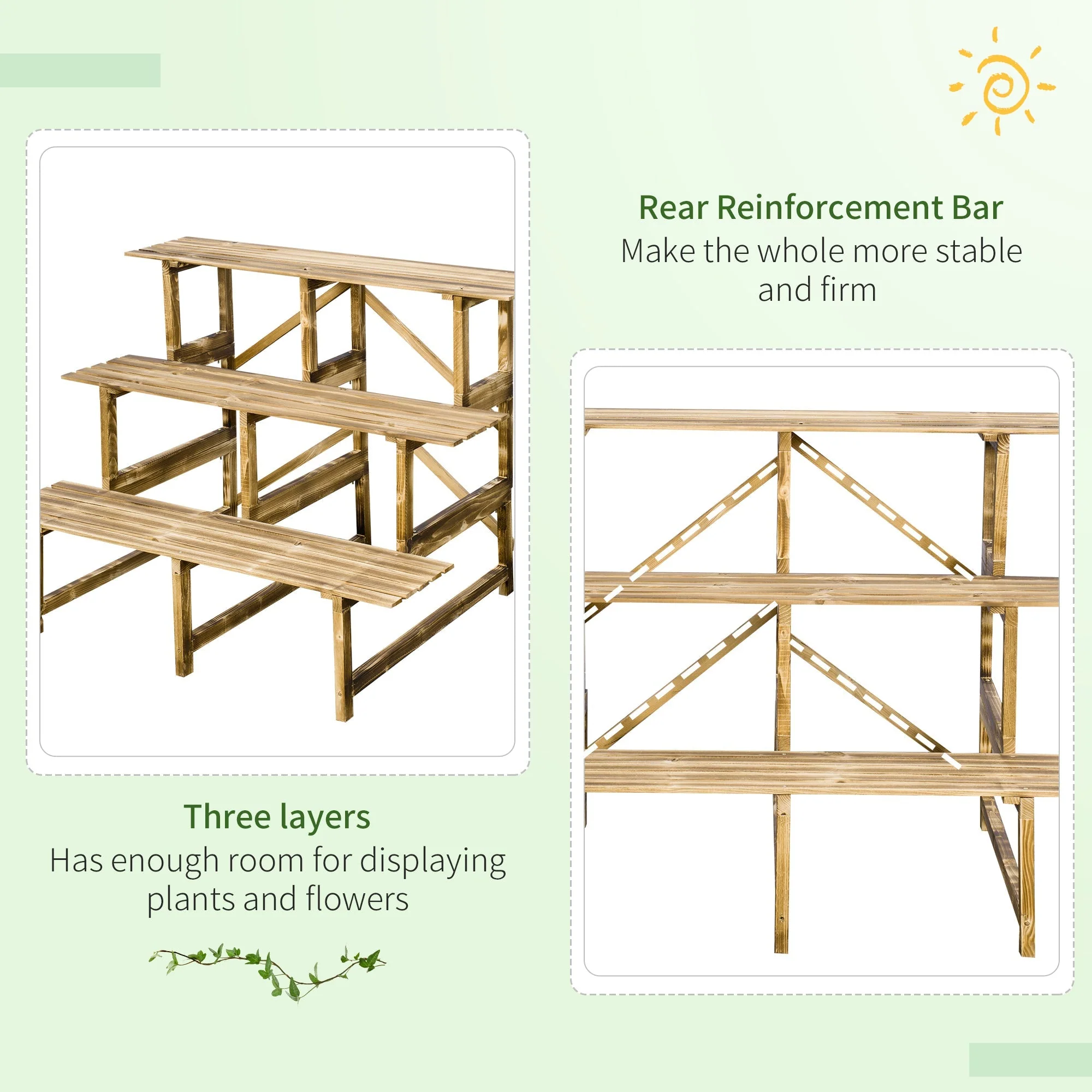 Plant Ladder Flower Shelf, 3 Steps, 100 x 80 x 78cm, Fir Wood - Image 6
