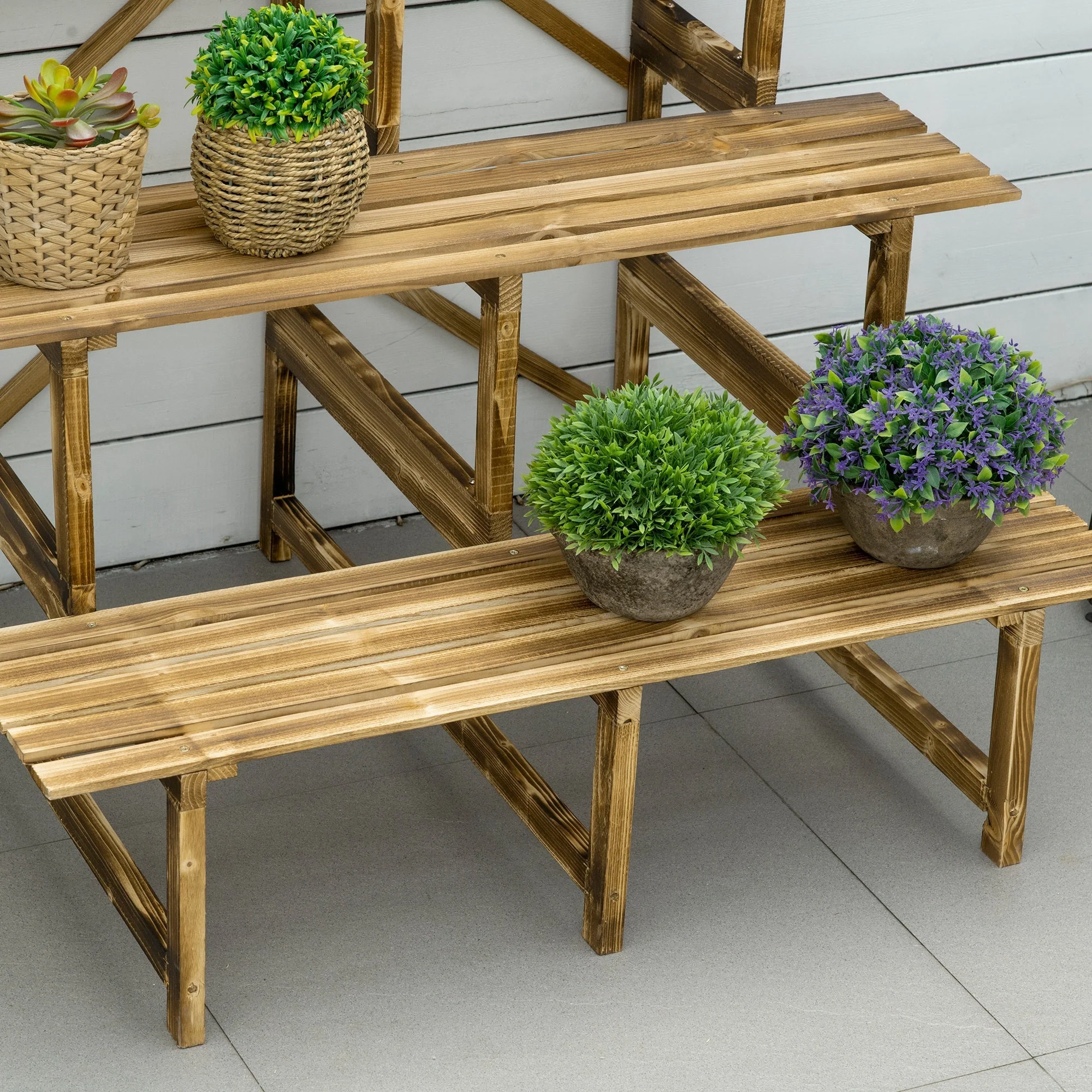 Plant Ladder Flower Shelf, 3 Steps, 100 x 80 x 78cm, Fir Wood - Image 8