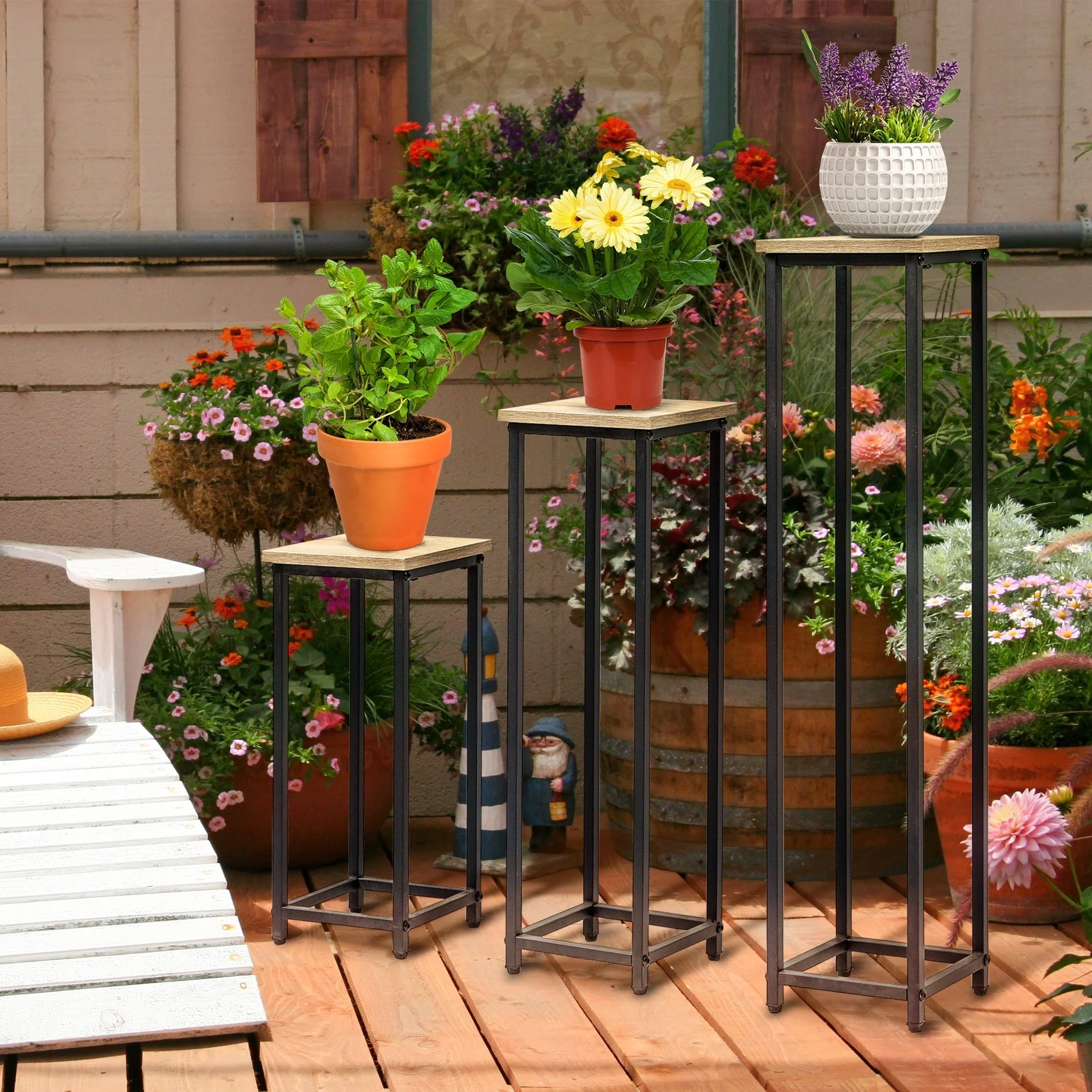 Plant Stand Set 3-piece Flower Stool & Flower Pot Holder Steel Black and Natural - Image 2
