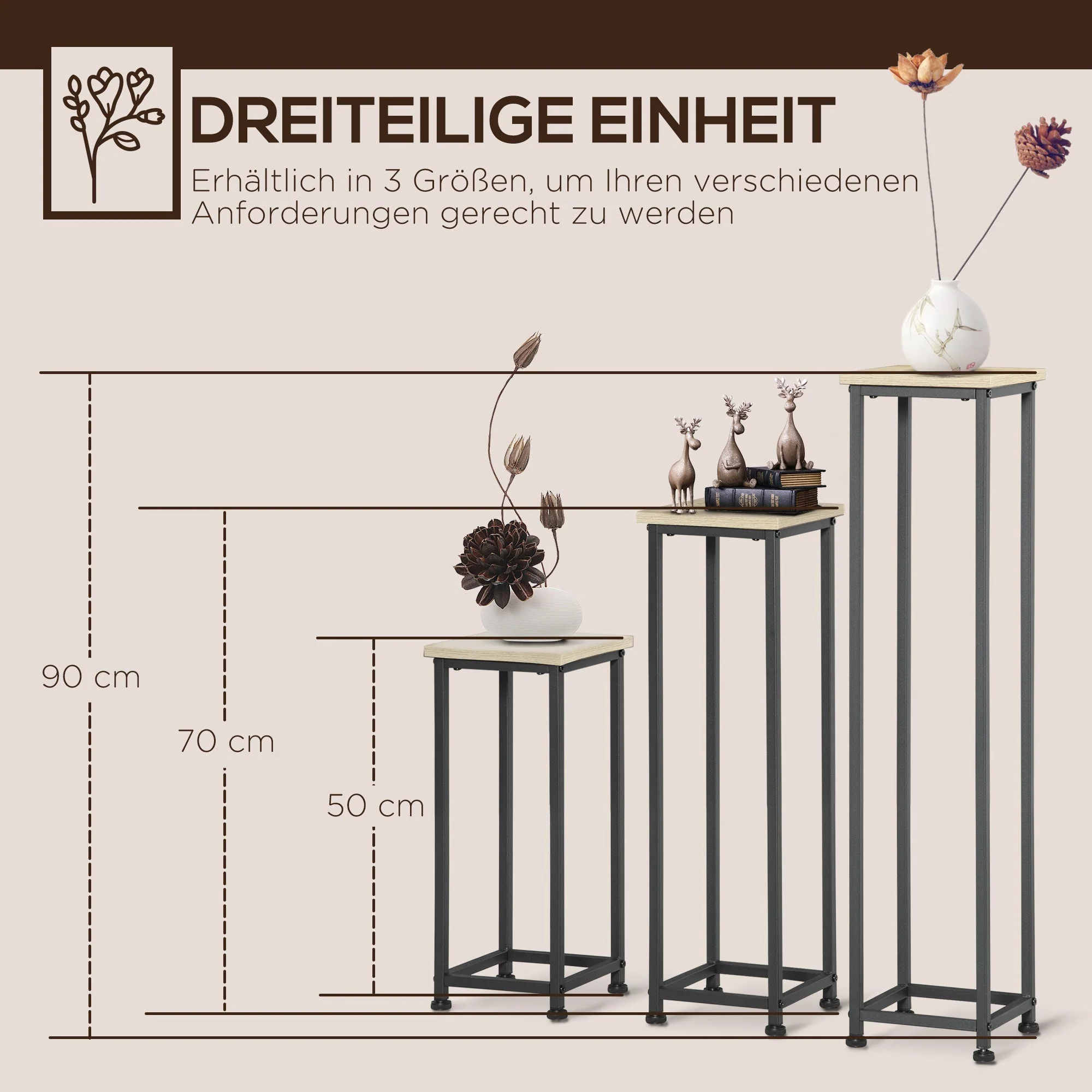 Plant Stand Set 3-piece Flower Stool & Flower Pot Holder Steel Black and Natural - Image 4