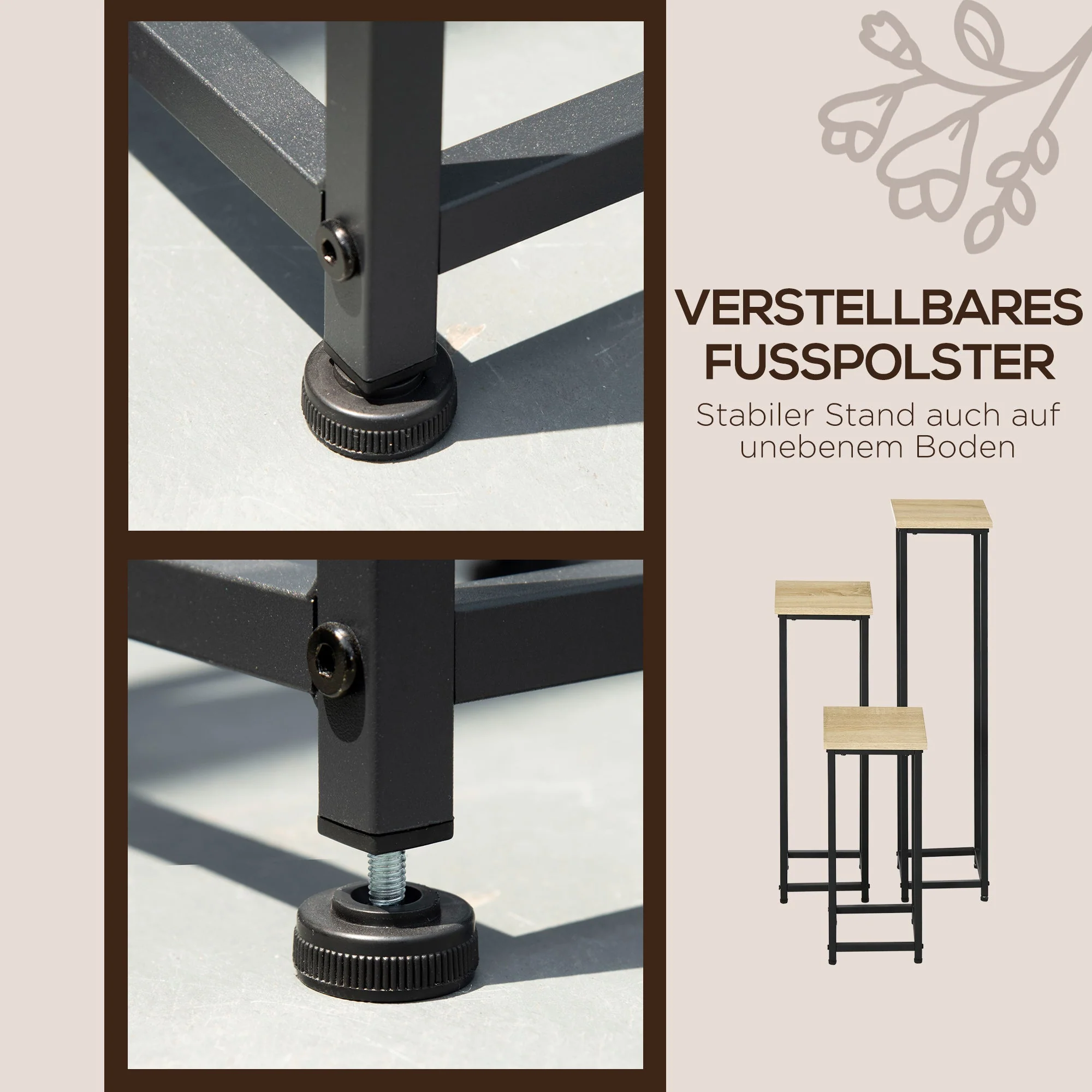Plant Stand Set 3-piece Flower Stool & Flower Pot Holder Steel Black and Natural - Image 6