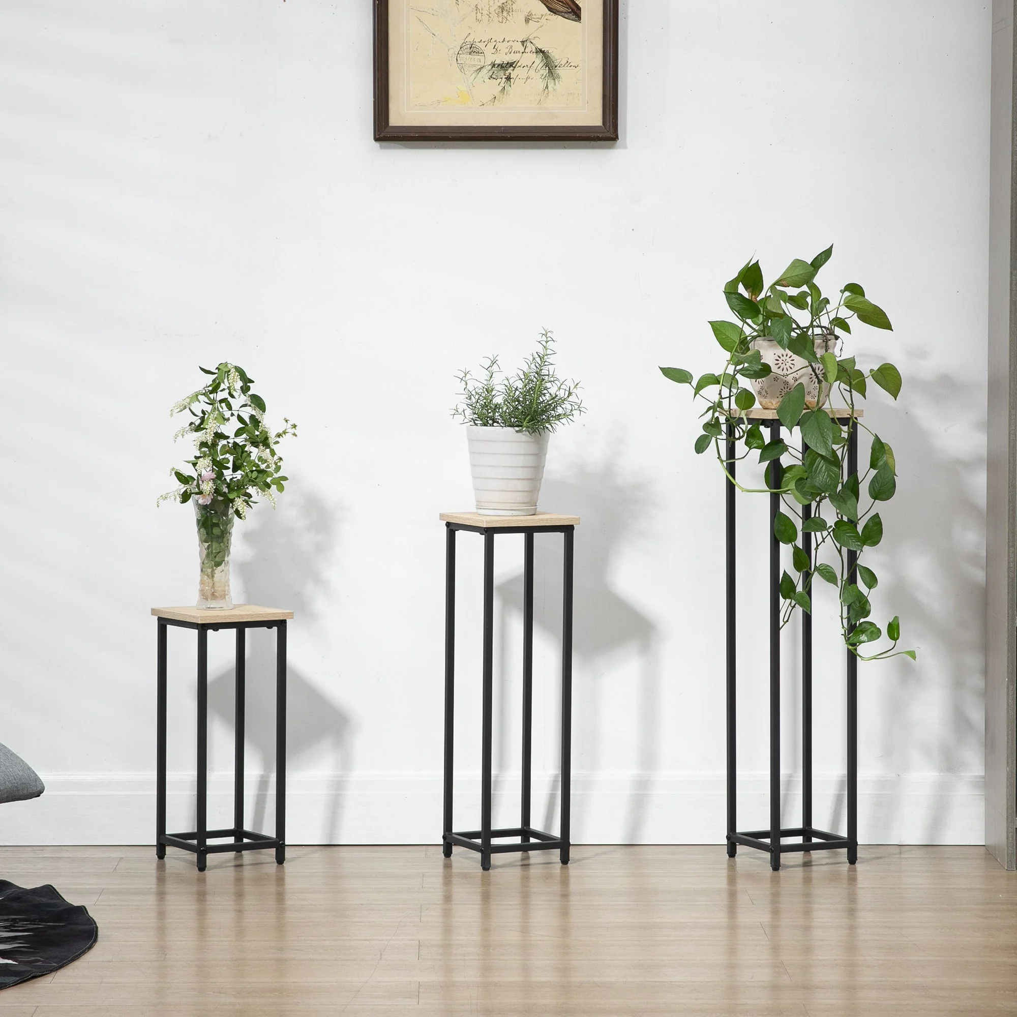 Plant Stand Set 3-piece Flower Stool & Flower Pot Holder Steel Black and Natural - Image 7