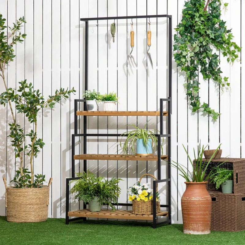 Plant Stand with 3 Tiers and Mounting Hooks, Natural Wood - Image 2