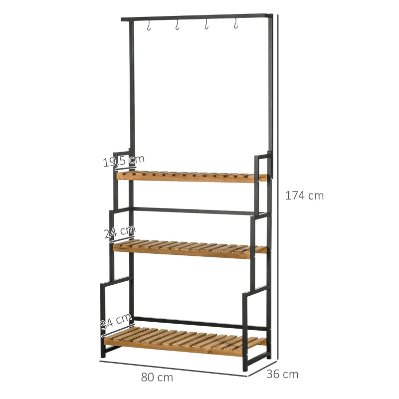 Plant Stand with 3 Tiers and Mounting Hooks, Natural Wood - Image 3