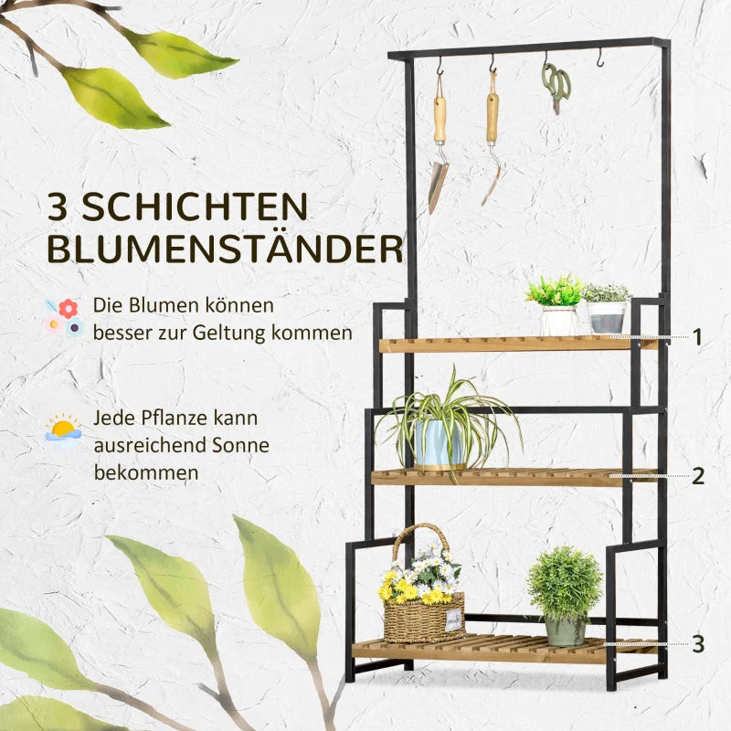 Plant Stand with 3 Tiers and Mounting Hooks, Natural Wood - Image 4