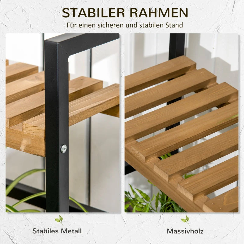 Plant Stand with 3 Tiers and Mounting Hooks, Natural Wood - Image 6