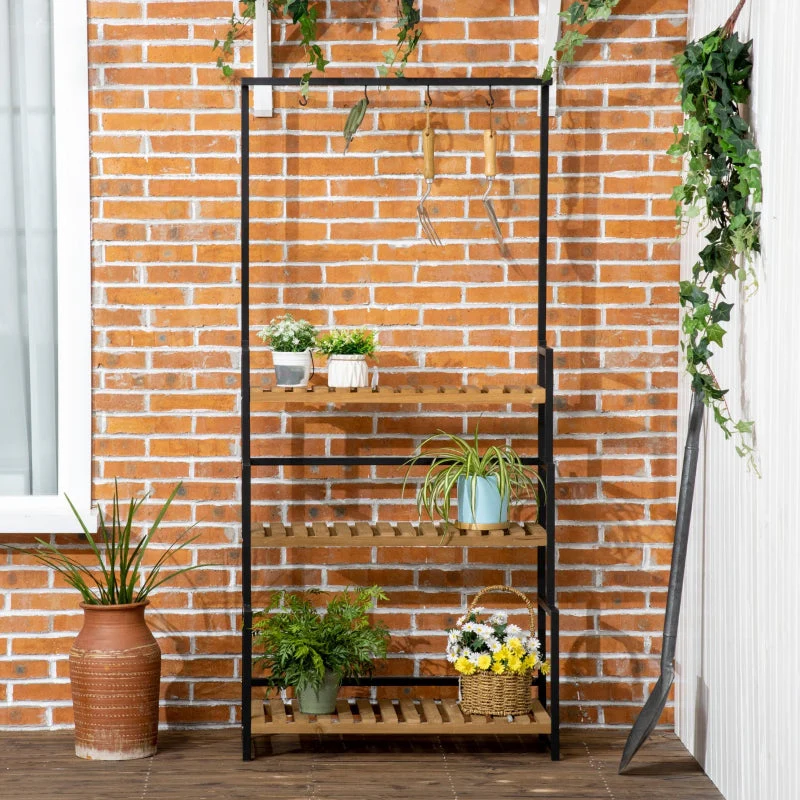Plant Stand with 3 Tiers and Mounting Hooks, Natural Wood - Image 7