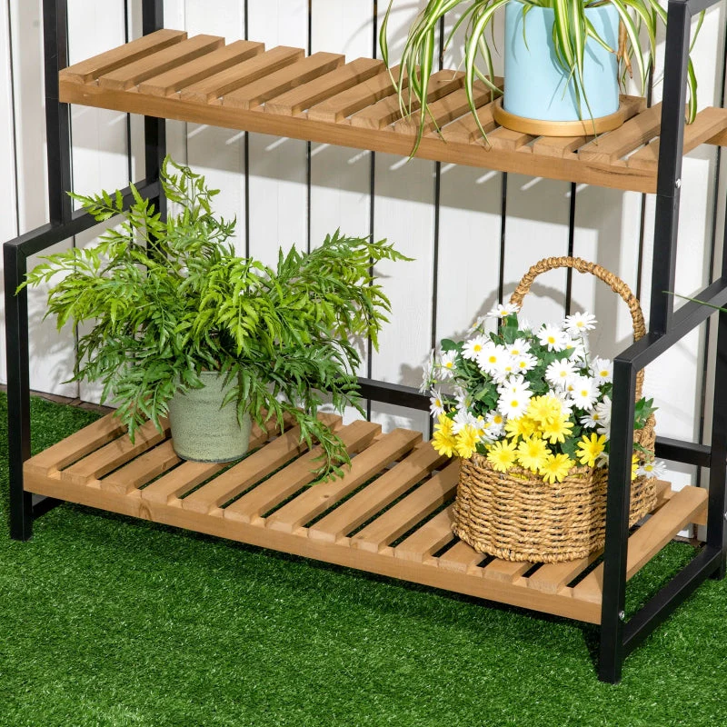Plant Stand with 3 Tiers and Mounting Hooks, Natural Wood - Image 8
