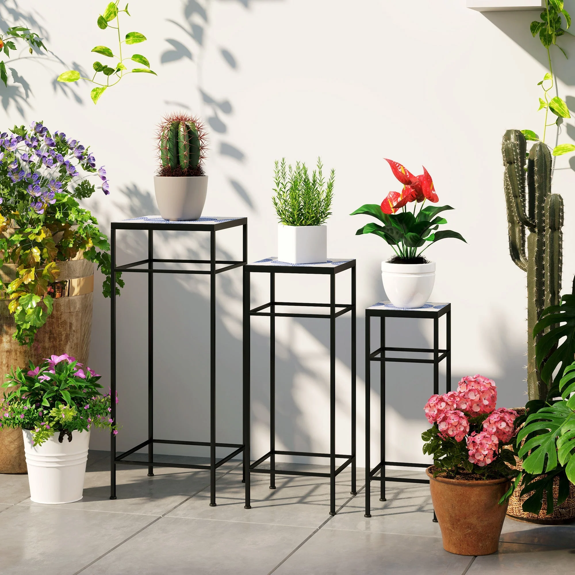Plant Stands, Set of 3, 71cm Tall, Metal, Blue+White