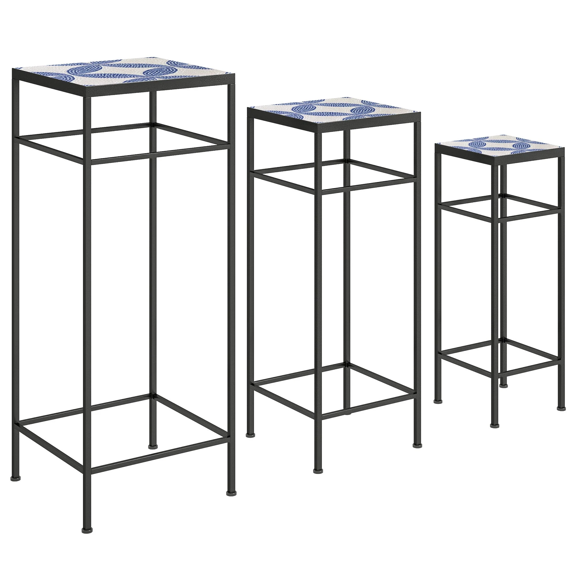 Plant Stands, Set of 3, 71cm Tall, Metal, Blue+White - Image 2