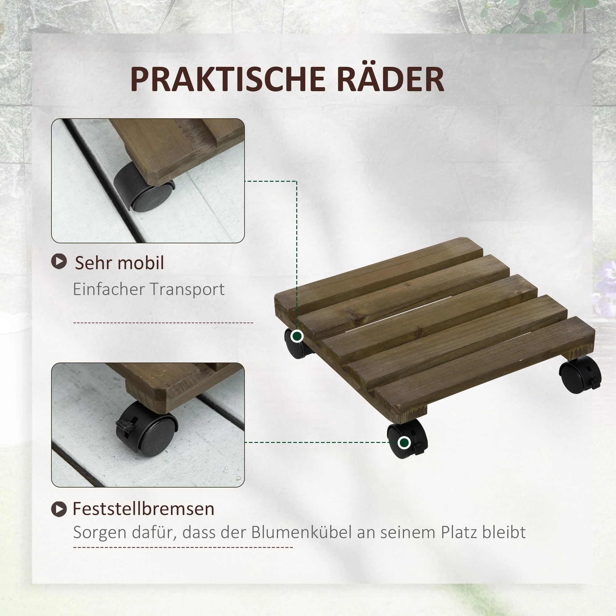 Plant Trolleys Set of 2 Rolling Stands with Brakes 30x30cm, Dark Brown - Image 4