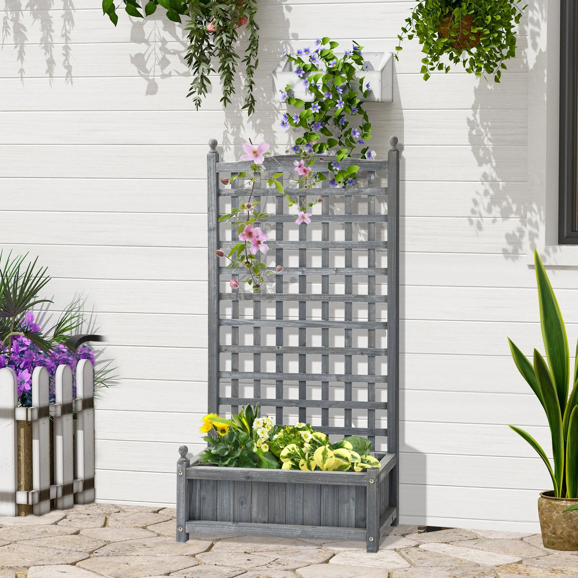 Planter Box with Trellis 64x28x120cm, Wooden Light Grey - Image 2
