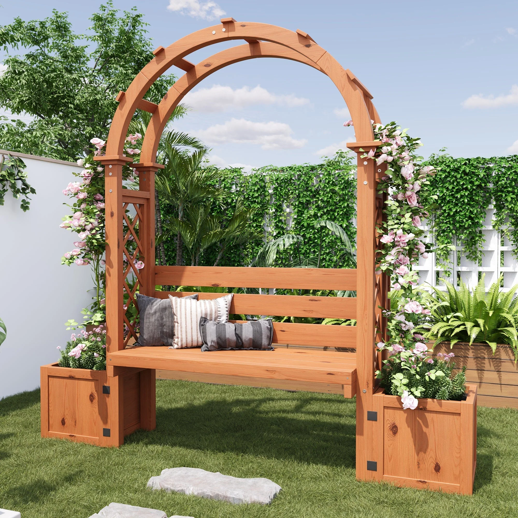 Planter Box with Trellis and Bench for Garden and Yard, Natural Wood