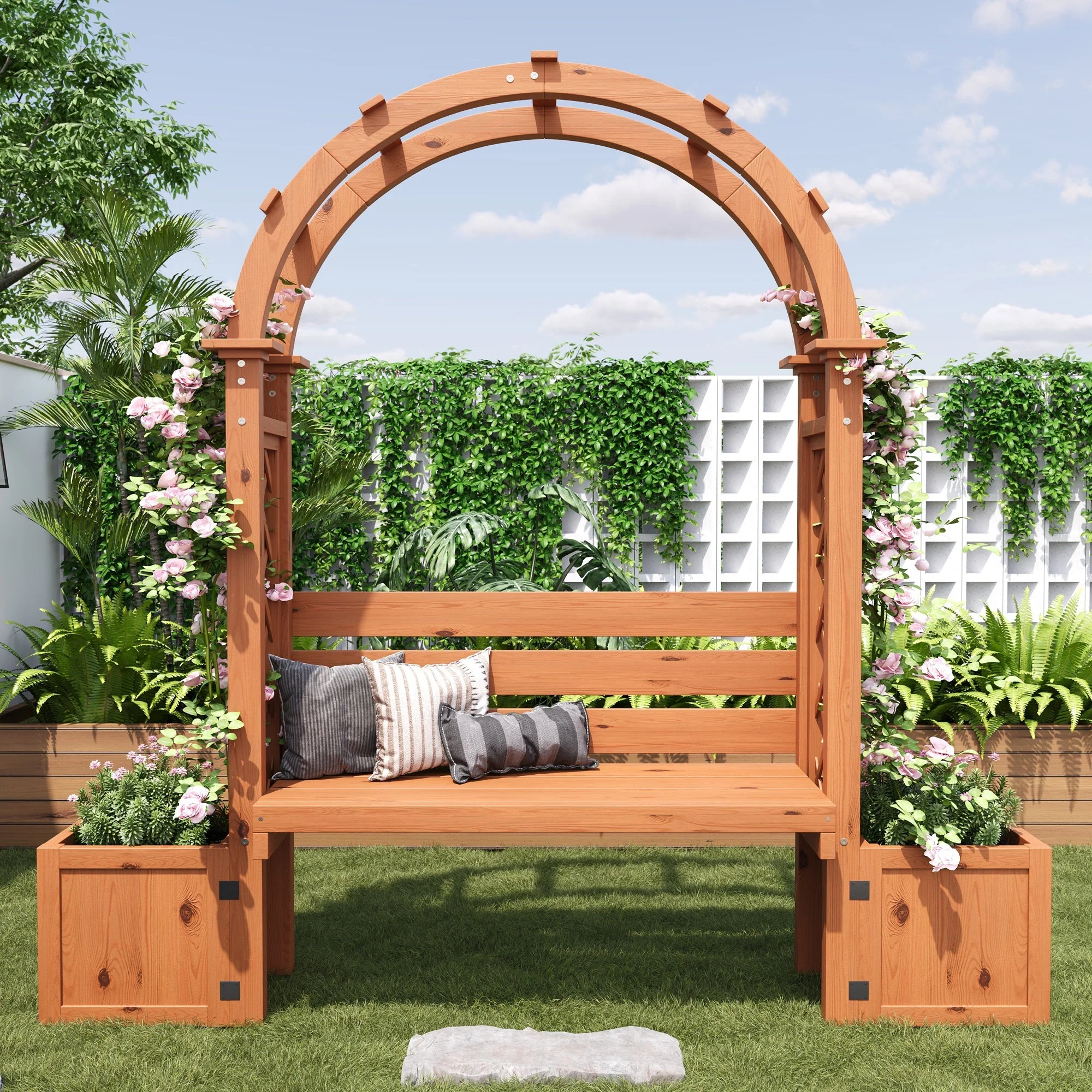 Planter Box with Trellis and Bench for Garden and Yard, Natural Wood - Image 3
