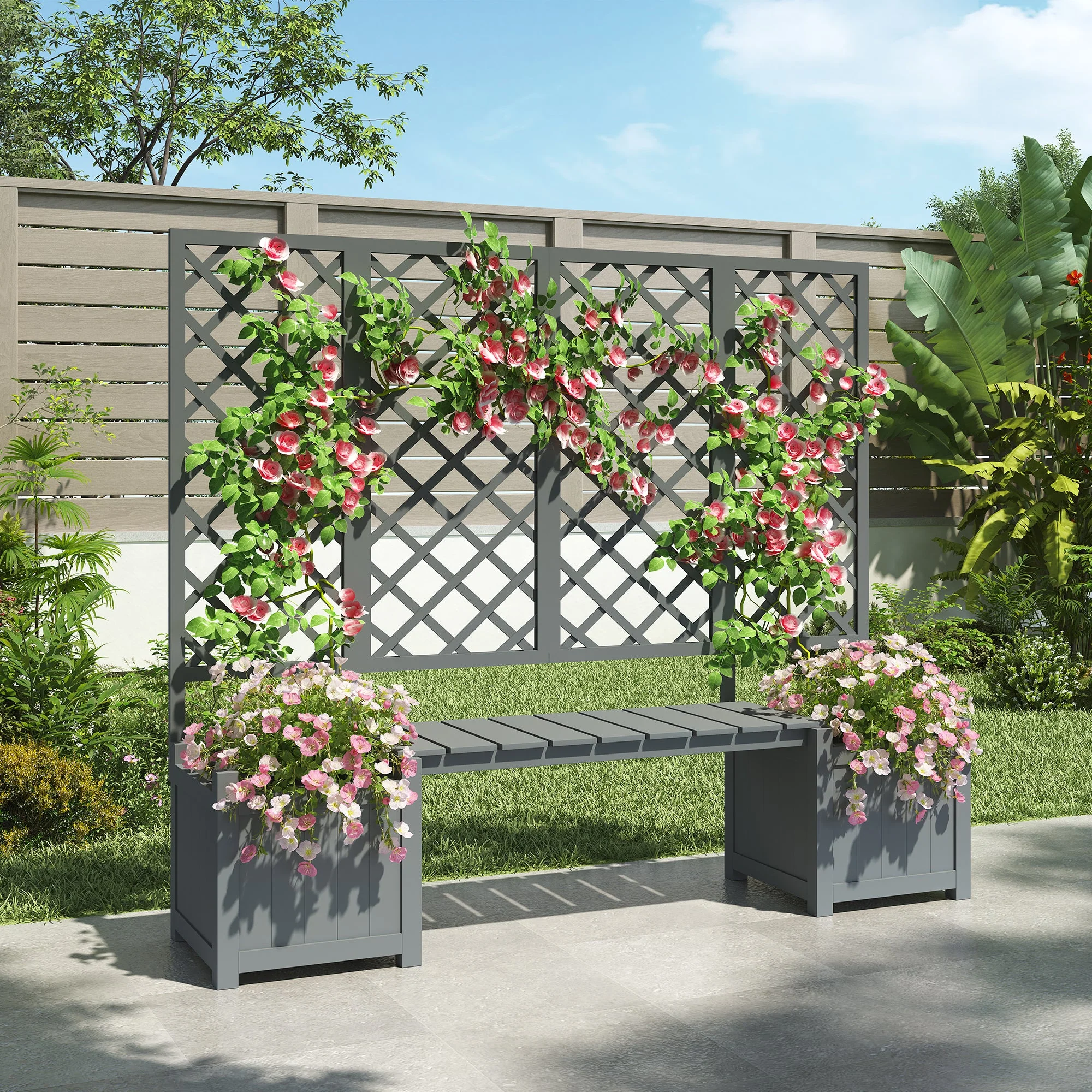 Planter Box with Trellis and Seating - Solid Grey Fir - Image 3