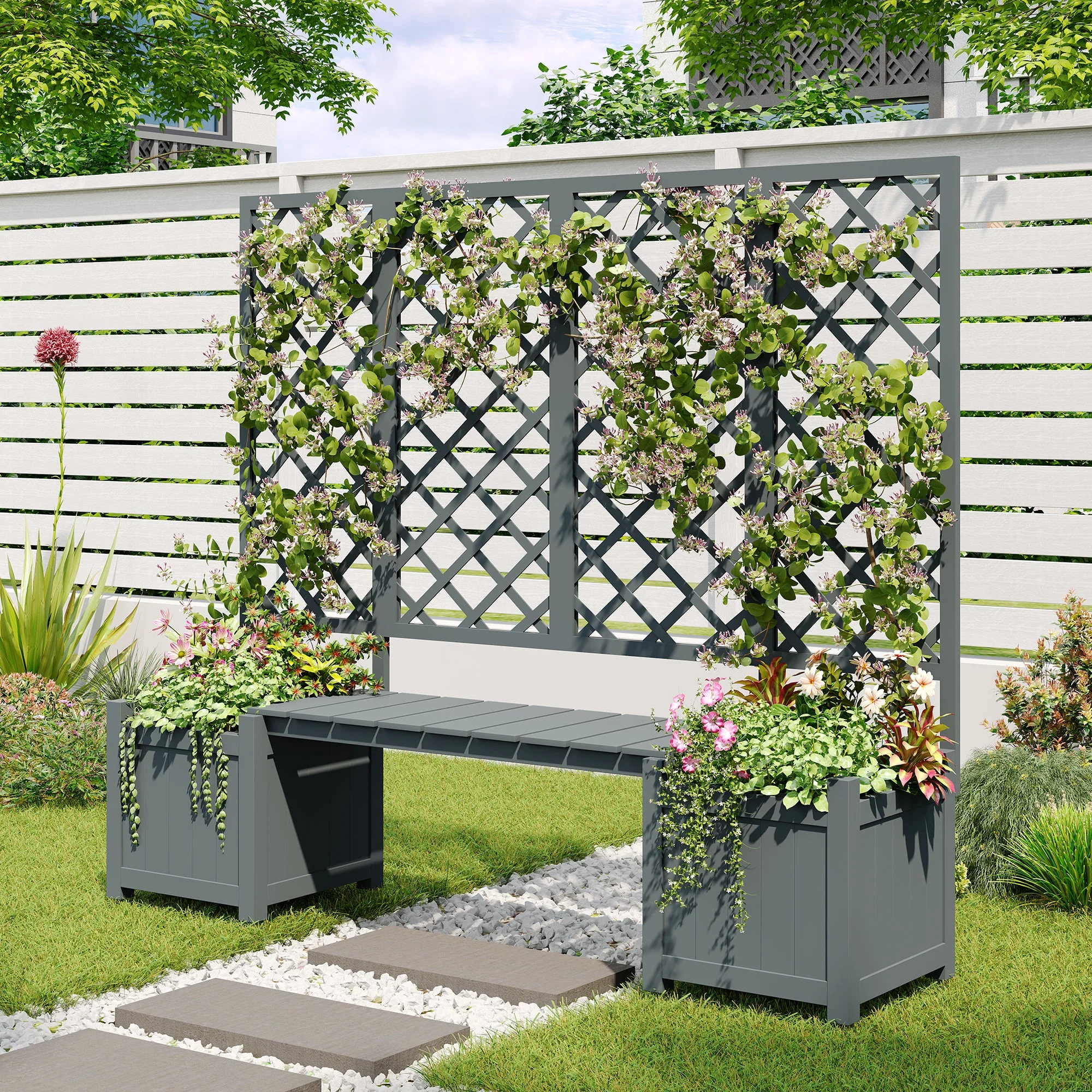 Planter Box with Trellis and Seating - Solid Grey Fir - Image 5