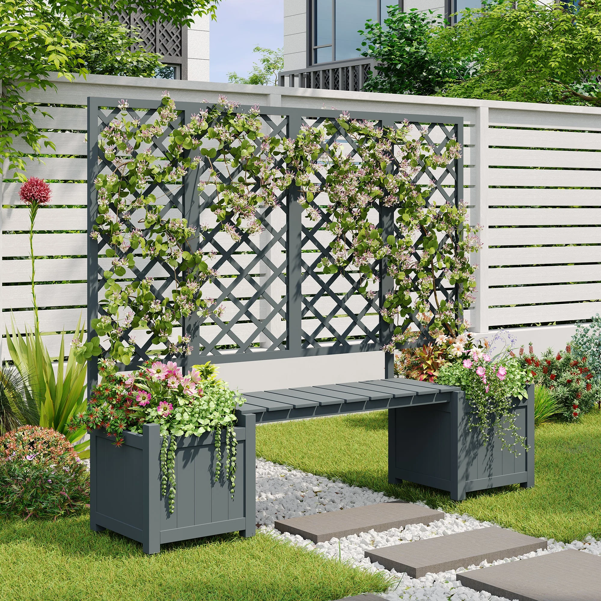 Planter Box with Trellis and Seating - Solid Grey Fir - Image 8